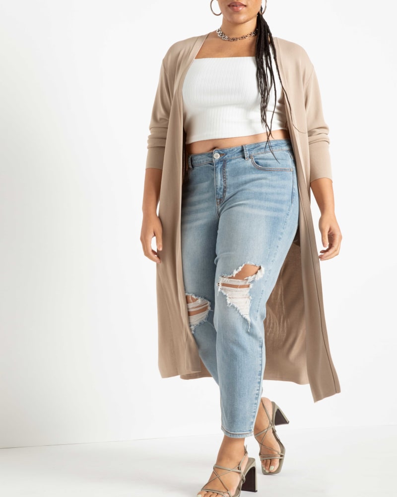 Plus size model wearing Kiara Luxury Soft Long Cardigan by ELOQUII | Dia&Co | dia_product_style_image_id:189370